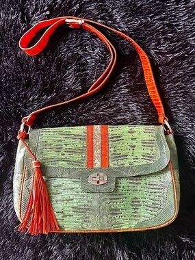 Snakeskin Vegan Leather Saddle Bag in Green & Orange Tassel Accent